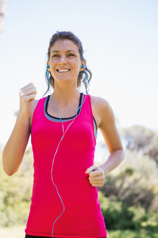 Language learning woman while jogging